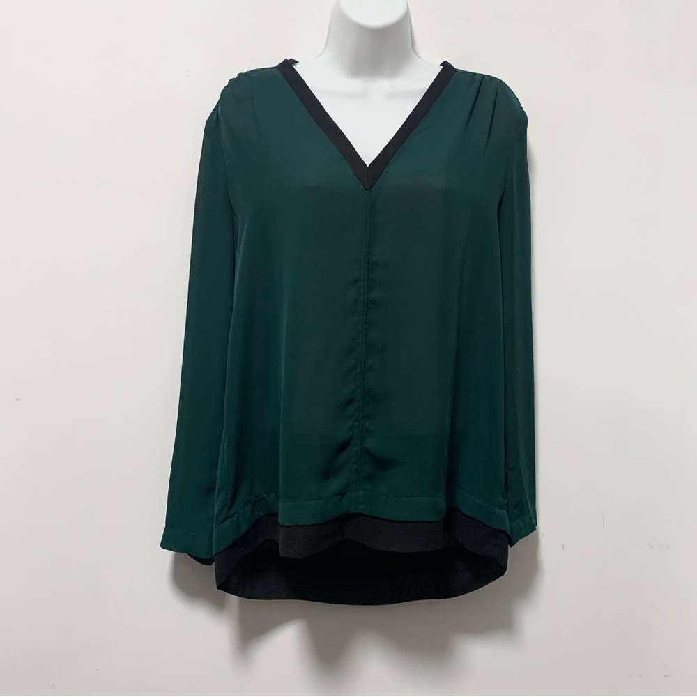 AVERLY  Dark Green V-Neck Long Sleeve Blouse Size S